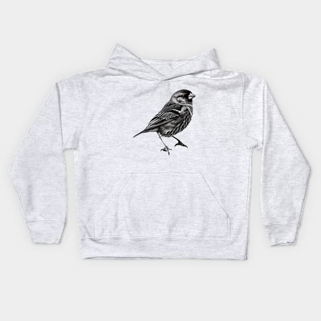 Finch Drawing in Black and White - Monochrome Drawing Bird Kids Hoodie by 1FunLife